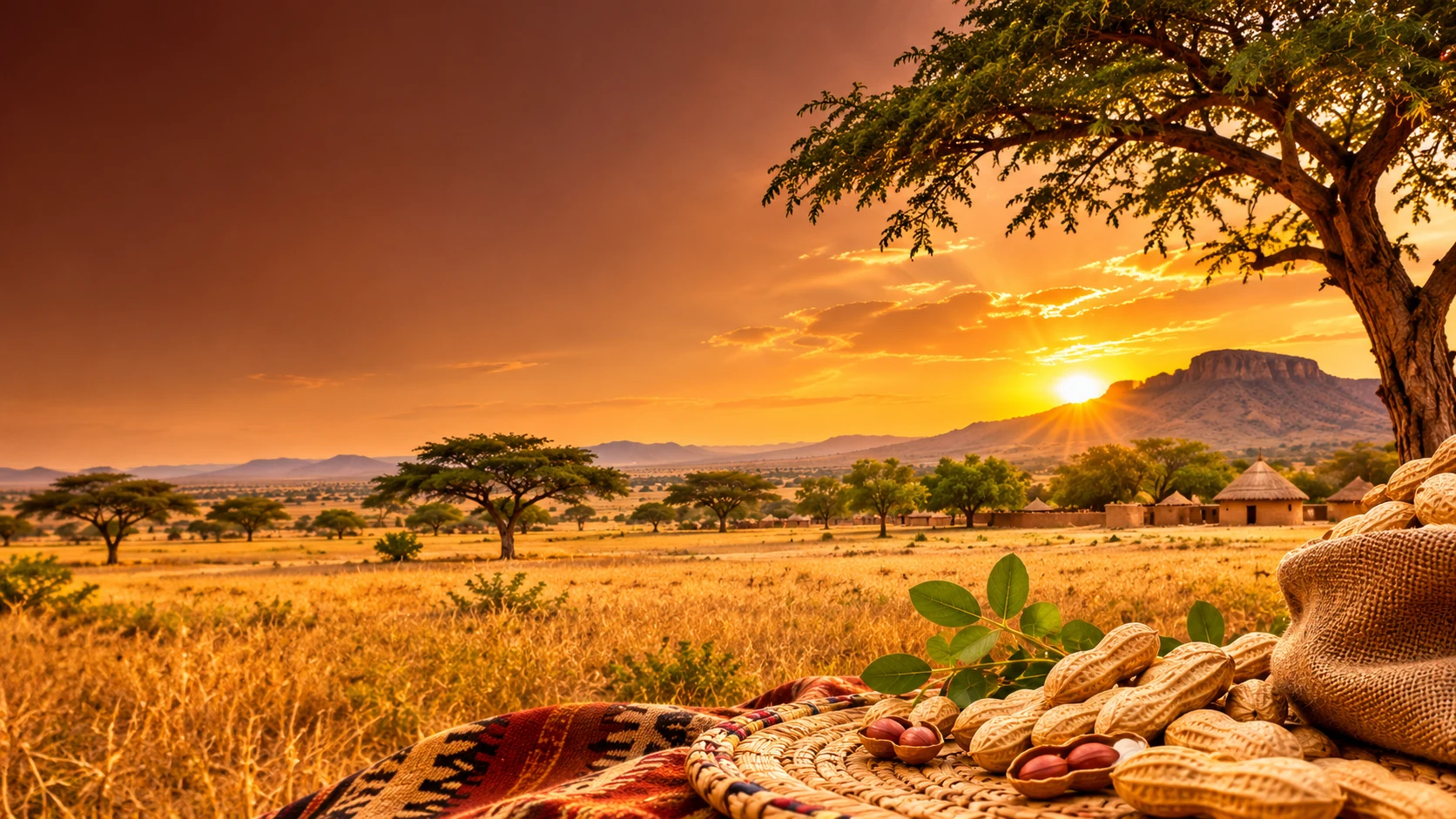Interprétation artistique d’un paysage de savane sahélienne au soleil couchant